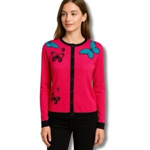 Silk Cashmere Cardigan Sweater Sz L Pink Butterfly Beaded Y2K